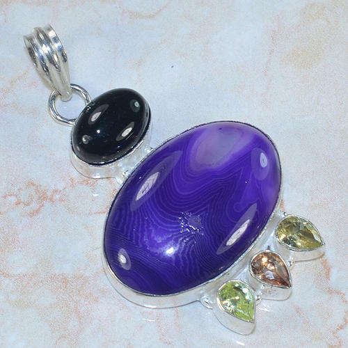 BOTSWANA AGATE, BLACK ONYX, CITRINE, CRYSTAL NATURAL GEMSTONE 925 SILVER PENDANT 2.25"