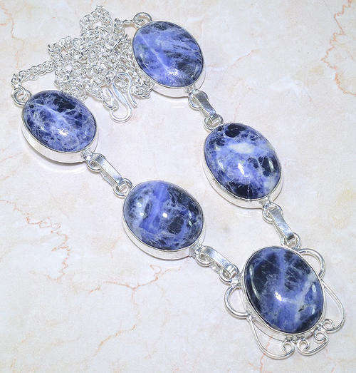 IMPRESSIVE DARK BLUE LAZULITE NATURAL GEMSTONE 925 SILVER NECKLACE 21.25"