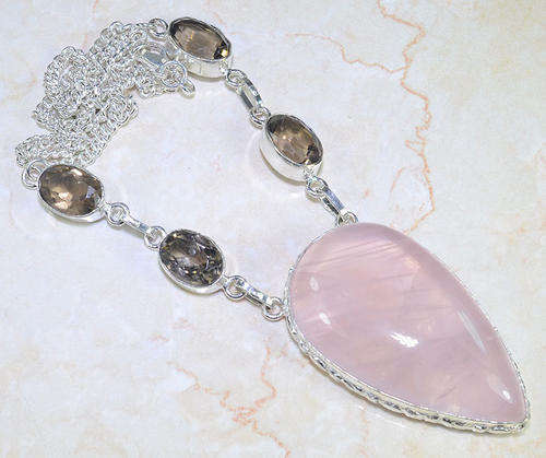 "HUGE ROSE QUARTZ" & SMOKY QUARTZ NATURAL GEMSTONE 925 SILVER NECKLACE 19.25"