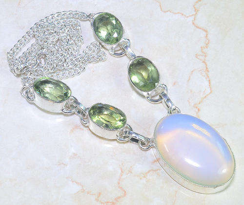 EXTRAORDINARY OPALITE & GREEN AMETHYST (PRASIOLITE) NATURAL GEMSTONE 925 SILVER NECKLACE 20"