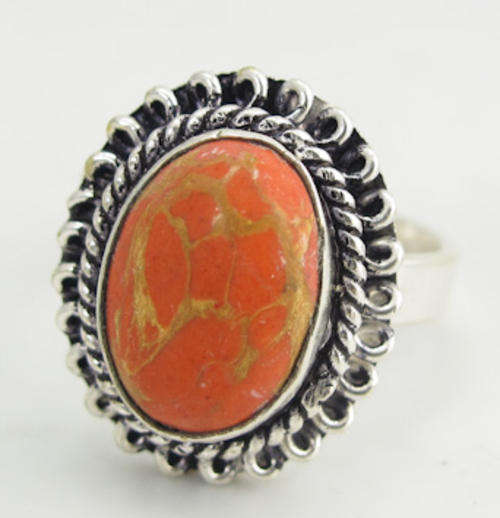 ORANGE/RED COPPER TURQUOISE NATURAL GEMSTONE 925 SILVER RING #8.75