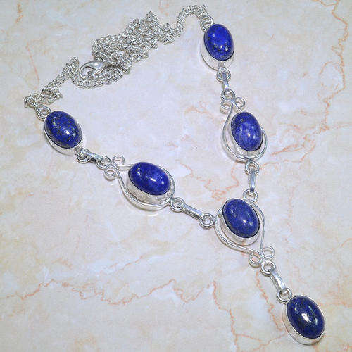 STUNNING LAPIS LAZULI NATURAL GEMSTONE 925 SILVER NECKLACE 18.75"