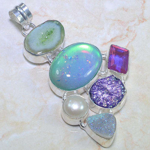 DRUZY, TITANIUM DRUZY, MYSTIC TOPAZ, RIVER PEARL NATURAL GEMSTONE 925 SILVER PENDANT 2.75"