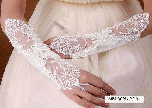 White Wedding Pearl Lace Satin Fingerless Bridal Gloves 10" - O.C 001