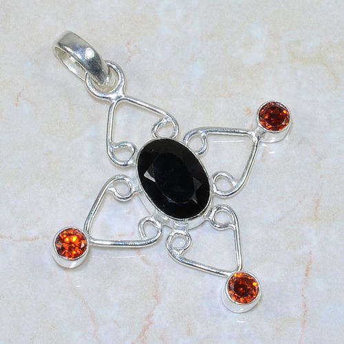 PYROPE GARNET RED QUARTZ, SPESSERTINE GARNET QUARTZ NATURAL GEMSTONE 925 SILVER PENDANT 2.25"