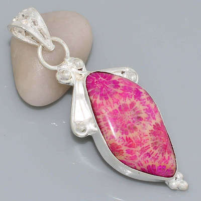 RARE TOP QUALITY STARBURST FOSSIL CORAL NATURAL GEMSTONE 925 SILVER PENDANT 2.25"