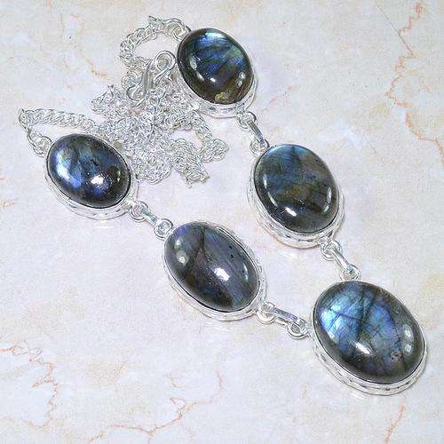 OUTSTANDING BLUE FIRE LABRADORITE NATURAL GEMSTONE 925 SILVER NECKLACE 20"