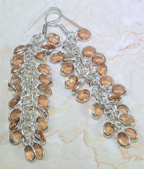 GRACEFUL MORGANITE QUARTZ NATURAL GEMSTONE 925 SILVER CLUSTER EARRINGS 3.5"