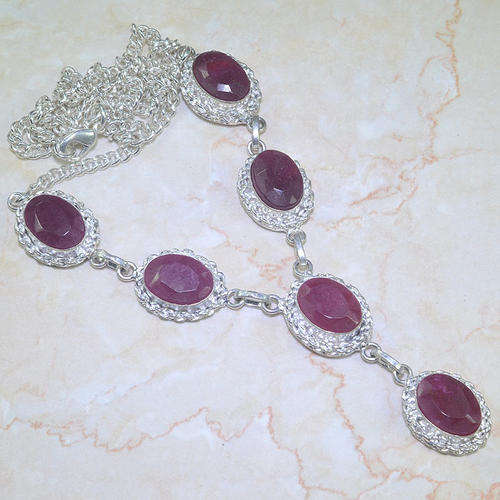 100% NATURAL EARTH MINED AFRICAN RUBY PRECIOUS GEMSTONE 925 SILVER NECKLACE 20.75"