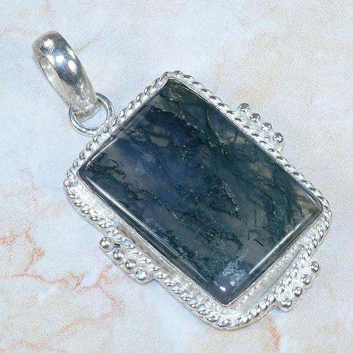 **R10 SPECIAL** BEAUTIFUL MOSS AGATE NATURAL GEMSTONE 925 SILVER PENDANT 2"