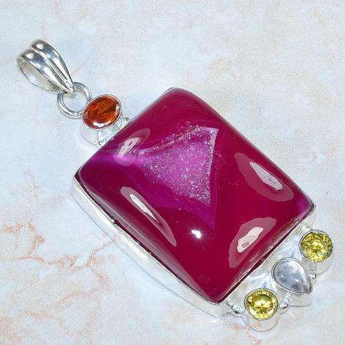 **R10 SPECIAL** DRUZY, SPESSERTINE GARNET QUARTZ, CITRINE NATURAL GEMSTONE 925 SILVER PENDANT 2.5"