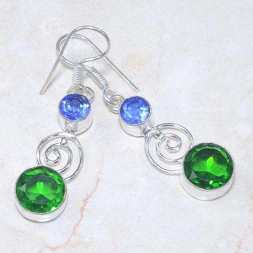GLEAMING BLUE TOPAZ & DIOPSIDE GREEN QUARTZ NATURAL GEMSTONES 925 SILVER EARRINGS 2"