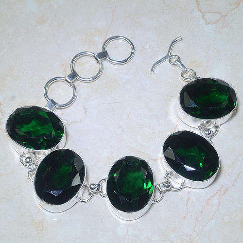 EXCEPTIONAL DIOPSIDE GREEN QUARTZ NATURAL GEMSTONE 925 SILVER BRACELET 6.5-7.75"