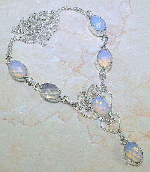 **R10 SPECIAL** CHECKERBOARD CUT FIERY OPALITE NATURAL GEMSTONE 925 SILVER NECKLACE 19.5"