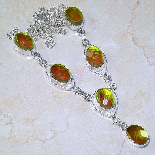 EXQUISITE CHECKERBOARD CUTGREEN/YELLOW MYSTIC TOPAZ NATURAL GEMSTONE 925 SILVER NECKLACE 18"