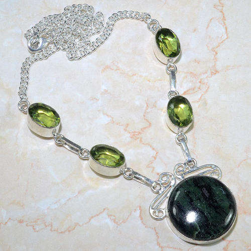 AMAZING RUBY ZOISITE & GREEN AMETHYST (PRASIOLITE) NATURAL GEMSTONE 925 SILVER NECKLACE 19"