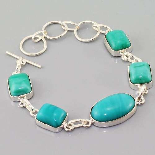 BEAUTIFUL BLUE/GREEN AGATE NATURAL GEMSTONE 925 SILVER BRACELET 6-7.5"