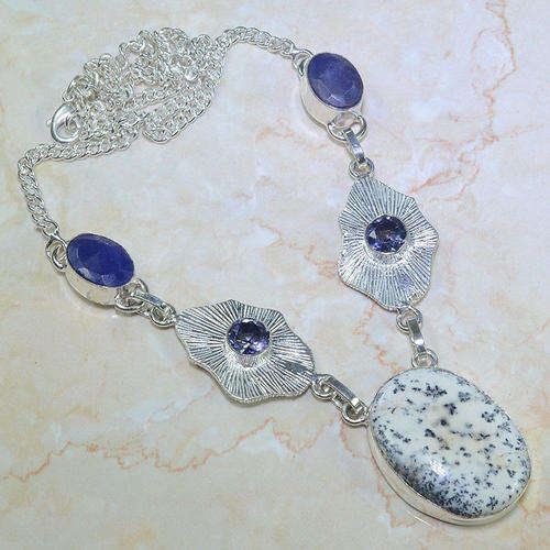 BEAUTIFUL DENDRITIC OPAL, EARTH MINED BLUE SAPPHIRE, AMETHYST NATURAL GEM 925 SILVER NECKLACE 20"