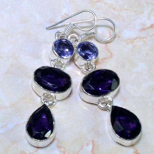 TOTALLY REGAL BRAZILIAN & AFRICAN PURPLE AMETHYST NATURAL GEMSTONES 925 SILVER DROP EARRINGS 2.25"
