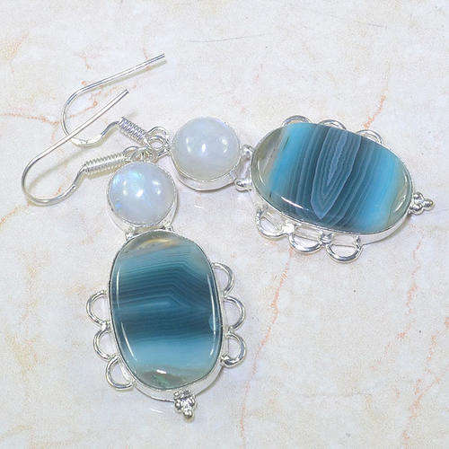 MAGICAL PAIR BOTSWANA AGATE & RAINBOW MOONSTONE NATURAL GEMSTONES 925 SILVER EARRINGS 2.5"