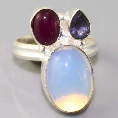 EXCEPTIONAL OPALITE, RUBY & AMETHYST NATURAL GEMSTONE 925 SILVER RING #6.5