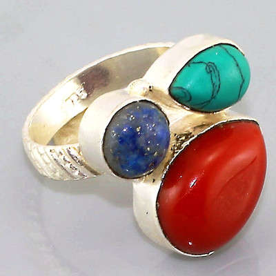 "R10 SPECIAL" UNIQUE RED CORAL, LAPIS LAZULI, TURQUOISE NATURAL GEMSTONE 925 SILVER RING #8