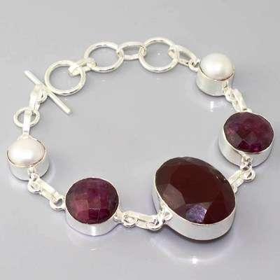 "CHRISTMAS SPECIAL" RED QUARTZ, CHECKERBOARD CUT RUBY NATURAL GEMS 925 SILVER BRACELET 6.25-7.25"