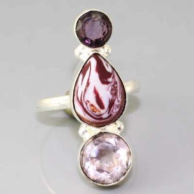 AMAZING MOSAIC JASPER, TOPAZ, AMETHYST NATURAL GEMSTONE 925 SILVER RING #7