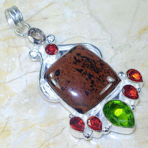 MAHOGANY OBSIDIAN, PERIDOT GREEN QUARTZ, GARNET RED QUARTZ NATURAL GEMSTONE 925 SILVER PENDANT 2.75"