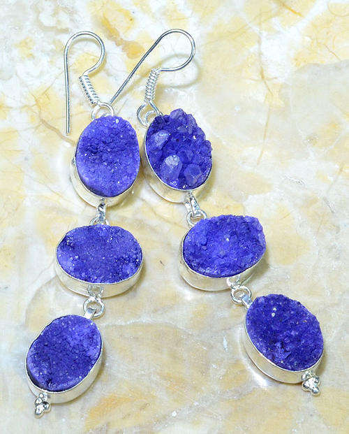 AMAZING BLUE DRUZY NATURAL GEMSTONE 925 SILVER DROP EARRINGS 3.5"