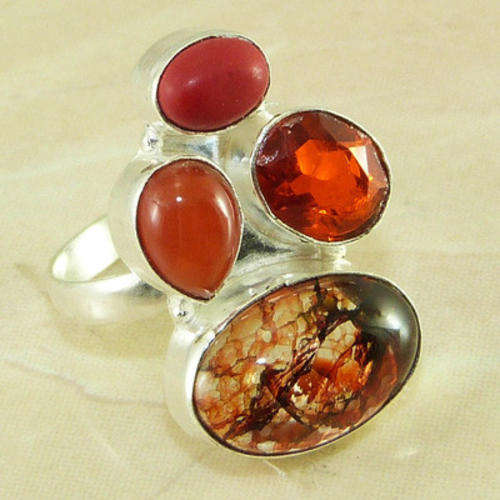 "R10 SPECIAL" SNAKESKIN QUARTZ, RED CORAL, QUARTZ NATURAL GEMSTONE 925 SILVER RING #8.5