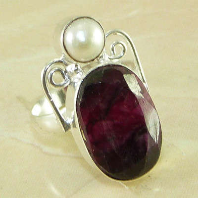 100% NATURAL EARTH MINED RUBY PRECIOUS GEMSTONE & RIVER PEARL 925 SILVER RING #7.5