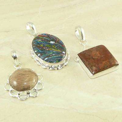 BUTTERFLY JASPER, CALSILICA, STRIPED CATS EYE NATURAL GEMSTONE 925 SILVER PENDANT SET OF 3