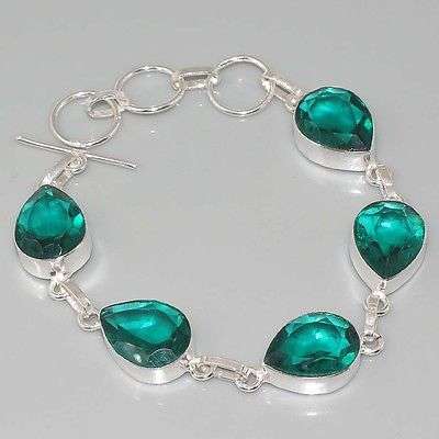 "R10 SPECIAL" MAGNIFICENT PARAIBA TOURMALINE GREEN QUARTZ NATURAL GEMS 925 SILVER BRACELET 6.5-8"