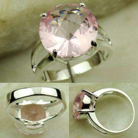 GLITTERING CHECKERBOARD CUT PINK QUARTZ NATURAL GEMSTONE 925 SILVER RING #7