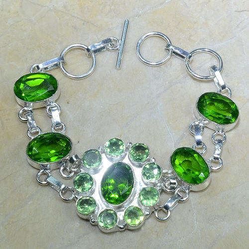 "R10 SPECIAL" PERIDOT GREEN QUARTZ, GREEN AMETHYST NATURAL GEMSTONE 925 SILVER BRACELET 6.75-7.5"