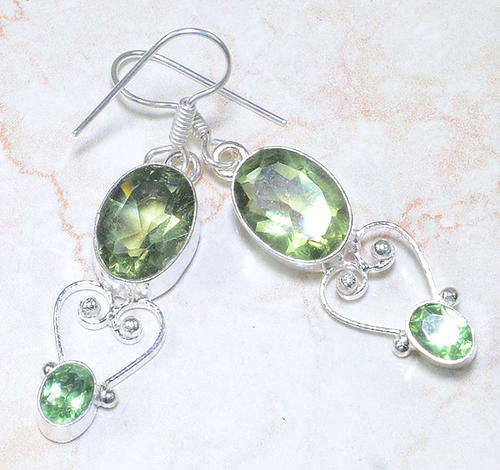 AMAZING PERIDOT GREEN QUARTZ & GREEN AMETHYST (PRASIOLITE) NATURAL GEMS 925 SILVER EARRINGS 2.5"