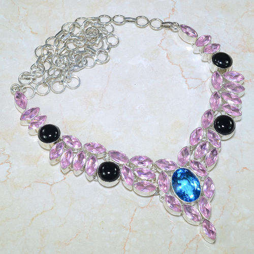 STUNNING PINK QUARTZ & BLUE TOPAZ WITH BLACK ONYX NATURAL GEMSTONE 925 SILVER NECKLACE 19.25"