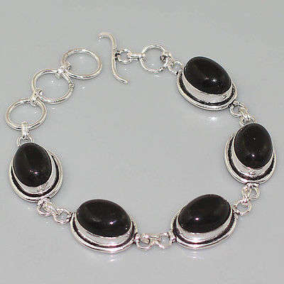 ELEGANT BLACK ONYX NATURAL GEMSTONE 925 SILVER BRACELET 6.5-7.5"