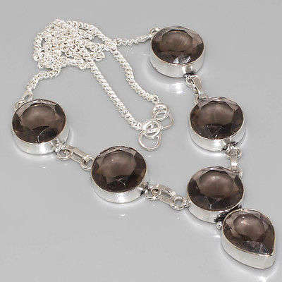 FANTASTIC SMOKY QUARTZ NATURAL GEMSTONE 925 SILVER NECKLACE 19"
