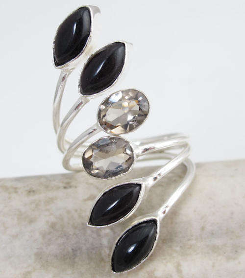 EXQUISITE BLACK ONYX & SMOKY QUARTZ NATURAL GEMSTONE 925 SILVER RING #9