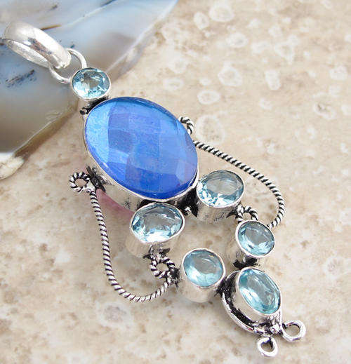 DAZZLING CKB CUT MYSTIC TOPAZ & BLUE TOPAZ NATURAL GEMSTONE 925 SILVER PENDANT 3"