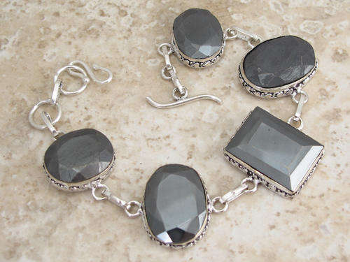 UNIQUE FACETED HEMATITE NATURAL GEMSTONE 925 SILVER BRACELET 7-7.5"