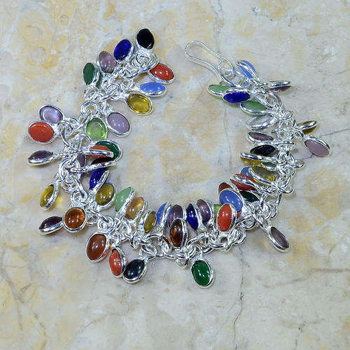 CHRYSOPRASE, BLACK ONYX, CHALCEDONY, CITRINE, CORAL NATURAL GEMSTONE 925 SILVER BRACELET 7.25"