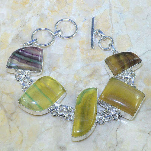 AMAZING BANDED FLUORITE NATURAL GEMSTONE 925 SILVER BRACELET 6.25-7"