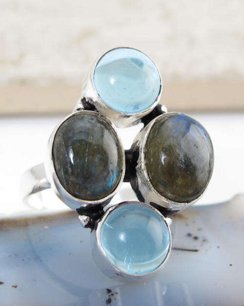 TREMENDOUS BLUE FIRE LABRADORITE & BLUE QUARTZ NATURAL GEMSTONE 925 SILVER RING #8