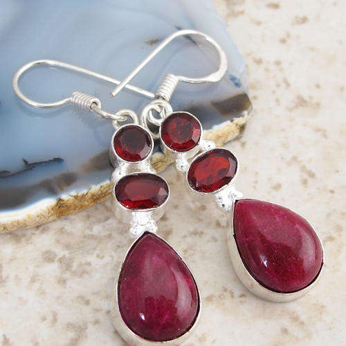 DYNAMIC CHINESE JADE & GARNET RED QUARTZ NATURAL GEMSTONE 925 SILVER DROP EARRINGS 2"