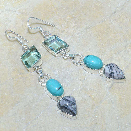 PICASSO JASPER, TURQUOISE, GREEN AMETHYST (PRASIOLITE) NATURAL GEMSTONE 925 SILVER EARRINGS 3.25"