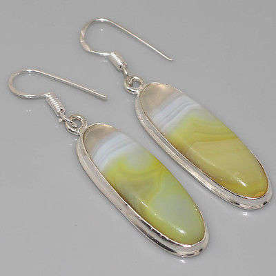 UNUSUAL YELLOW LACE ONYX NATURAL GEMSTONE 925 SILVER EARRINGS 2.5"