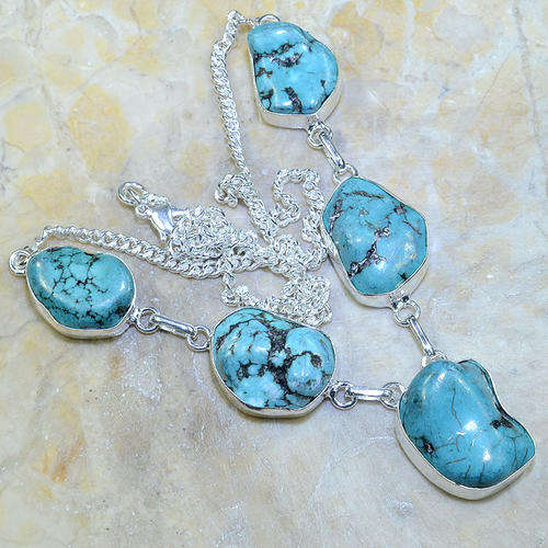 GENUINE NEPAL TURQUOISE NUGGET NATURAL GEMSTONE 925 SILVER NECKLACE 20.5"